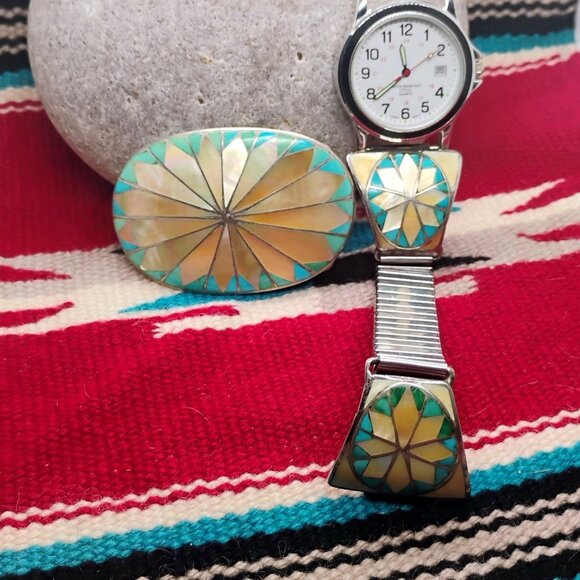 Vtg Zuni Inlay Set Belt Buckle Watch Tips Turquoise Mother of Pearl Sunburst - Picture 2 of 16